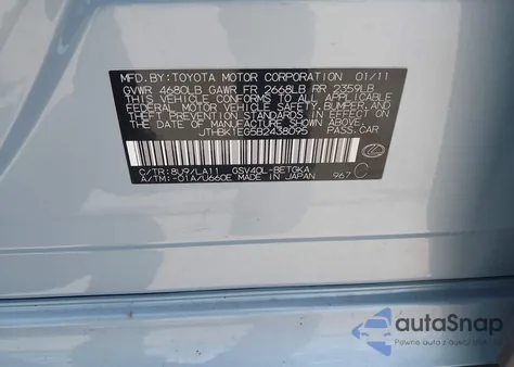 2011 Lexus Es 350 z USA, uszkodzony, nr VIN JTHBK1EG5B2438095